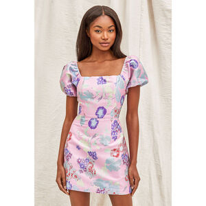 Lulus Pink Multi Floral Jacquard Puff Sleeve Mini Dress - Size M
